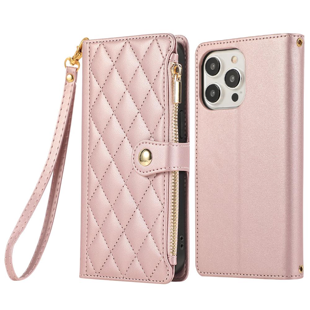 For iPhone 15 Pro Case Multi Card Slots Zipper Rhombus Leather Phone Cover with Wrist Strap