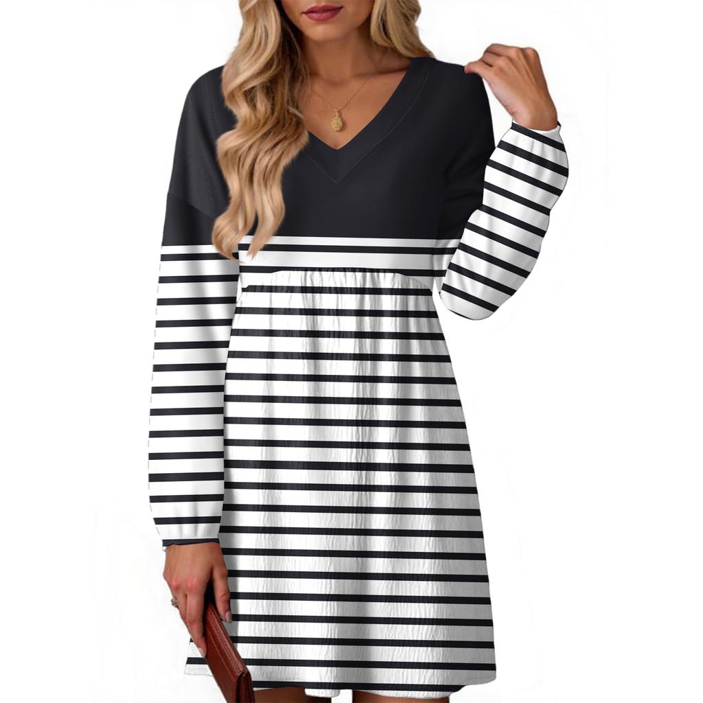 Women's Fashion Striped V-Neck Long Sleeve Dress