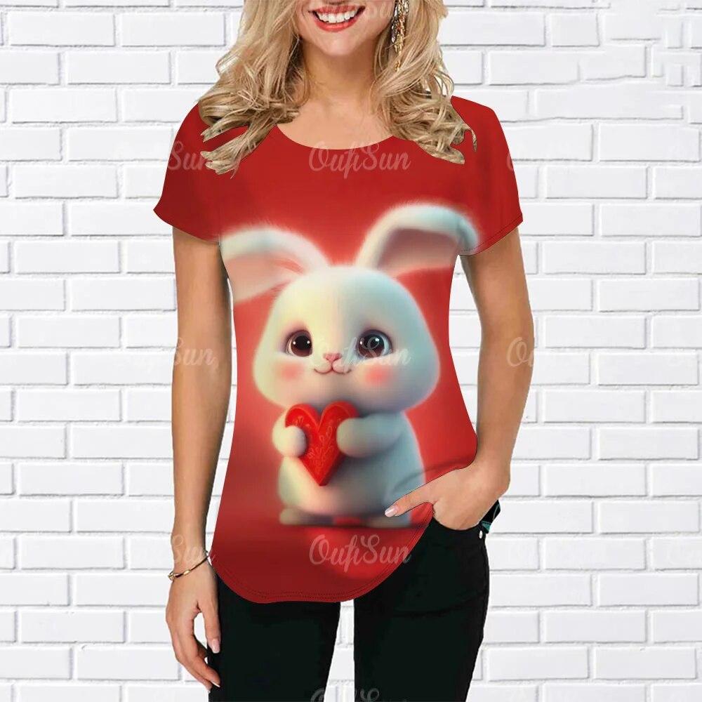 

Kawaii футболка с принтом кролика, женская футболка с круглым вырезом, топы, летние модные повседневные пуловеры, футболки для девочек на День святого Валентина