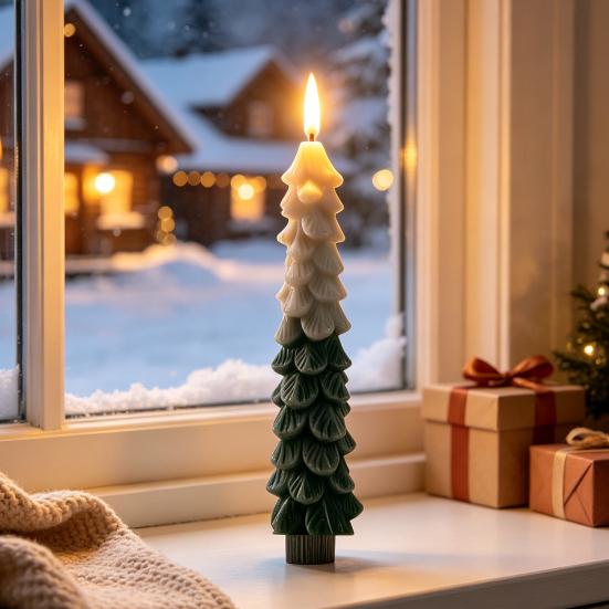 Remote Control Window Candles Green Christmas Tree Flameless LED Candle, 9.8" Battery Operated Taper Candles, Dorm Room Decorative Lighting