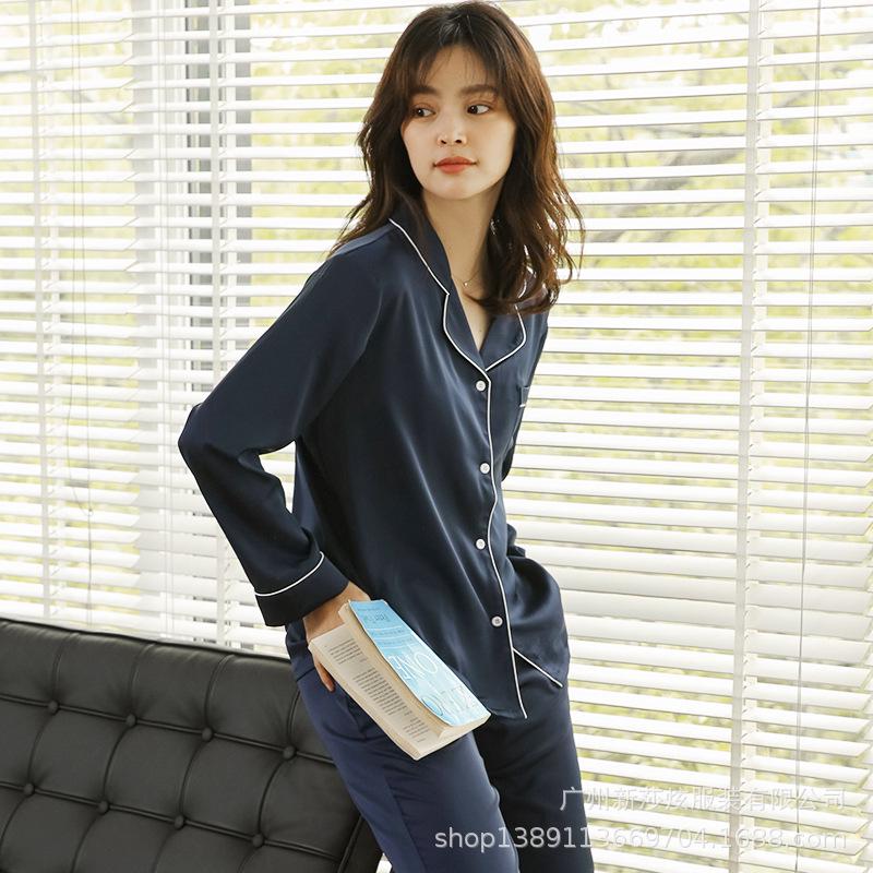 

2025 Ice Silk Women s & Couple Long Sleeve Pajama Set - Casual Thin Two-Piece Homewear Royal Blue 603 Women s