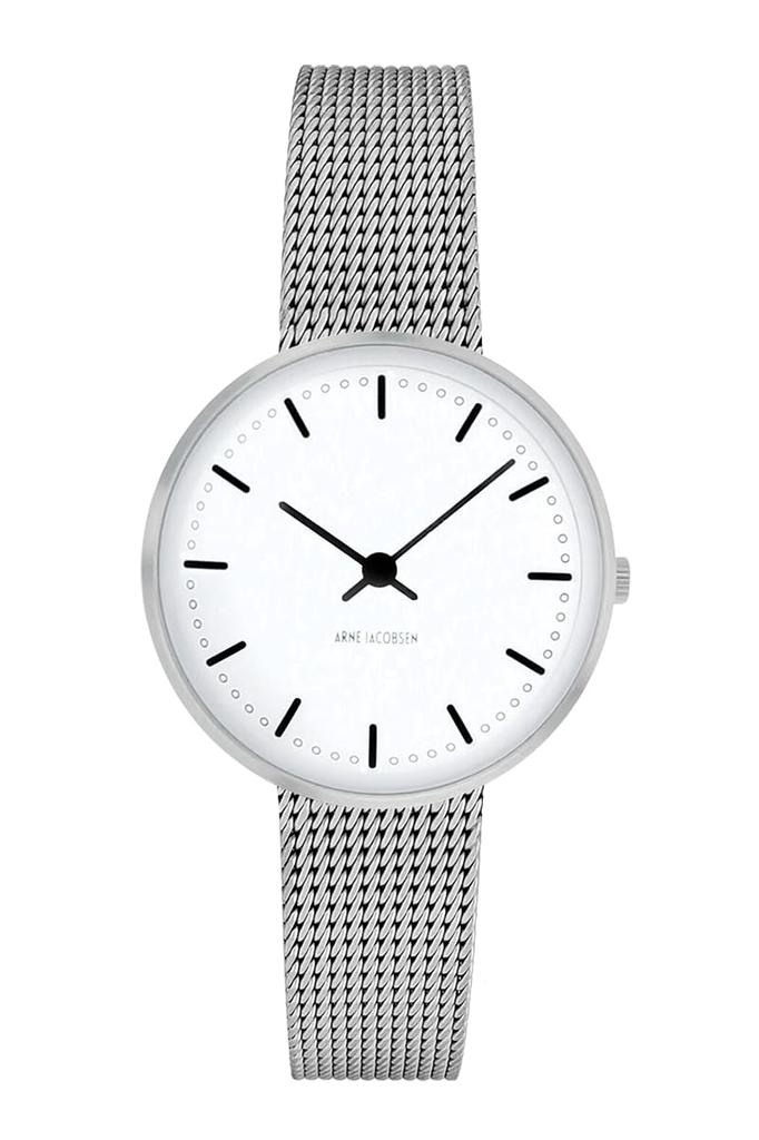 ARNE JACOBSEN CITYHALL 53200-1408 Wristwatch, 30mm, Scandinavian Design, Water Resistant (Quiet Design with No Second Hand), White with Silver Mesh
