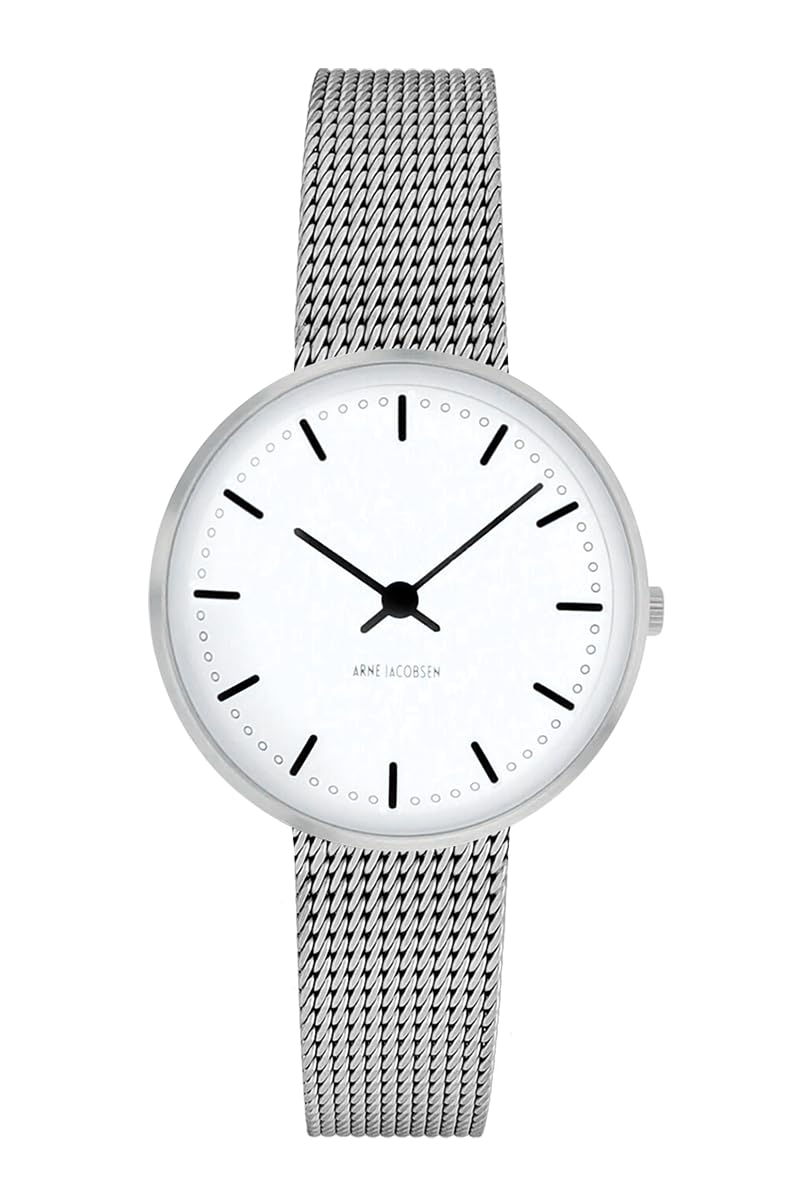 

ARNE JACOBSEN CITYHALL 53200-1408 Wristwatch, 30mm, Scandinavian Design, Water Resistant (Quiet Design with No Second Hand), White with Silver Mesh