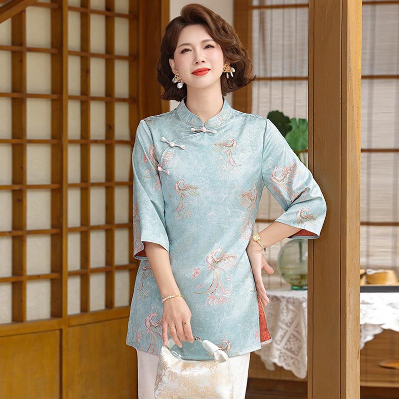 Elegant Imitation Silk Frog Button Top: New 2026 Chinese Style, Short-Sleeved for Middle-Aged & Elderly Women