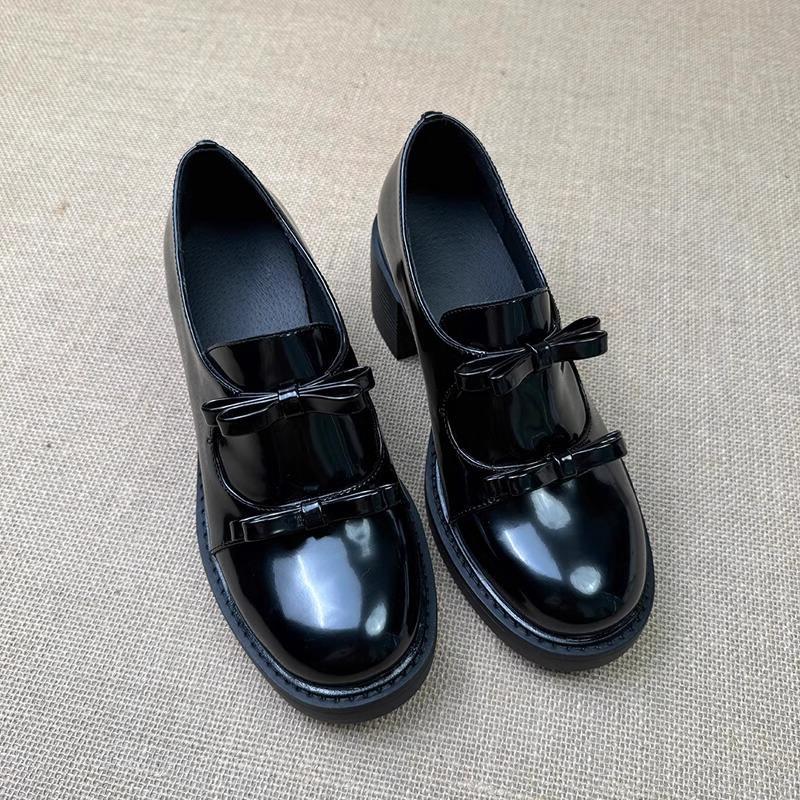 Soft cowhide~ Genuine leather bow thick heel small leather shoes women's spring new British black high heel loafers single shoes