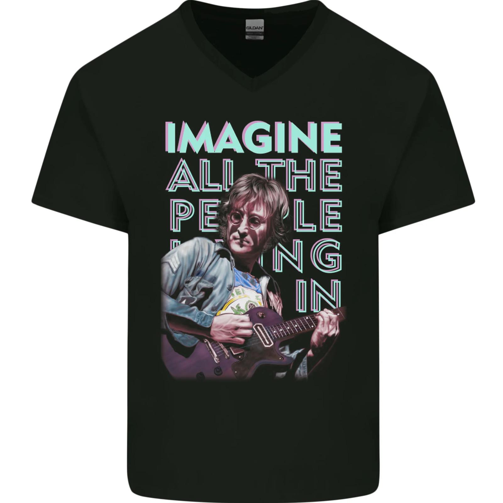 Imagine World Peace Music Guitar Hippy Mens VNeck Cotton T-shirt S