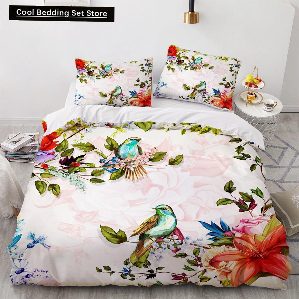 Blume Vogel Königin König Bettbezug Bunt Tropisch Floral Bettwäsche Set für Frauen Aquarell Pflanze 2/3tlg. Polyester Steppdeckenbezug