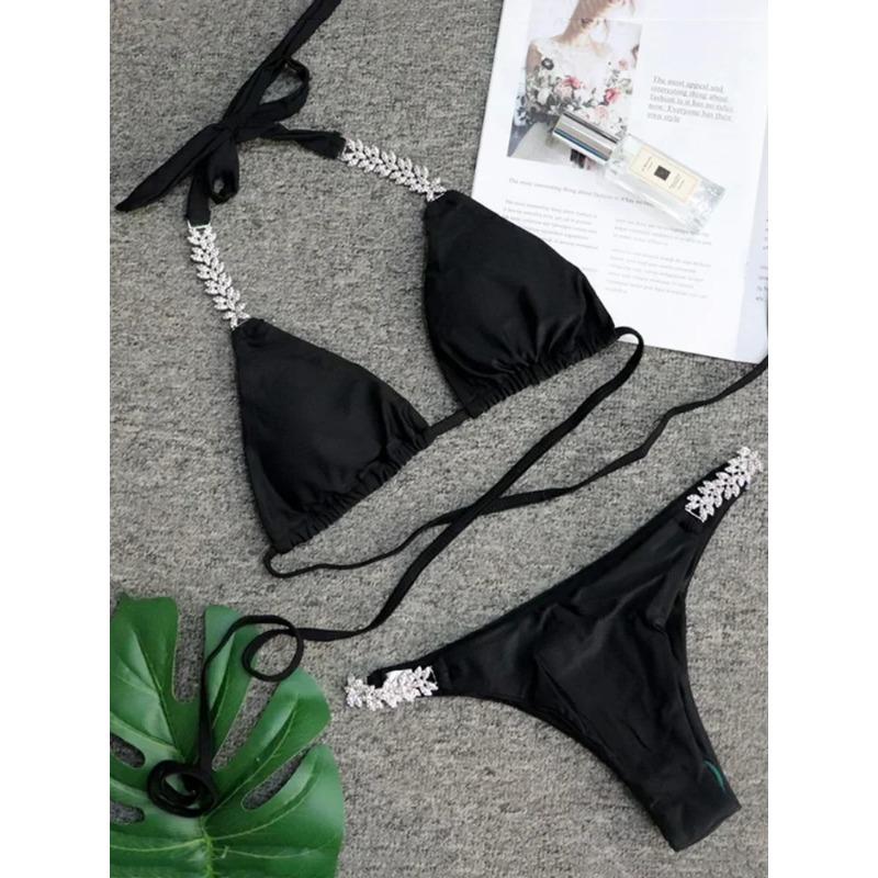 

2025 Блискуче стразове діамантове бікіні Жіночий купальник Жіночий купальний костюм Комплект бікіні з двох частин Халтер Металеві ланцюжки Купальний костюм L