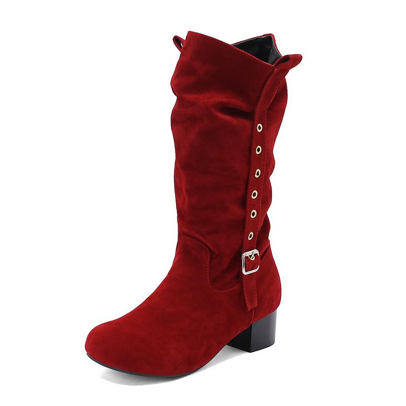 Suede Stacking Boots Belt Buckle Rivet Boots Medium Tube Skinny Boots Thick Middle Heel Boots 30-50 Boots