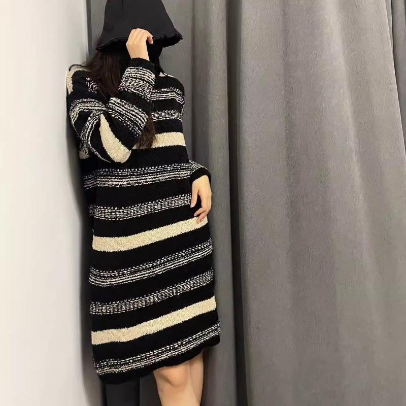 Fashionable Striped Knitted Sweater Dress for Women, Loose Fit and Lengthy, Thickened and Soft Dresses