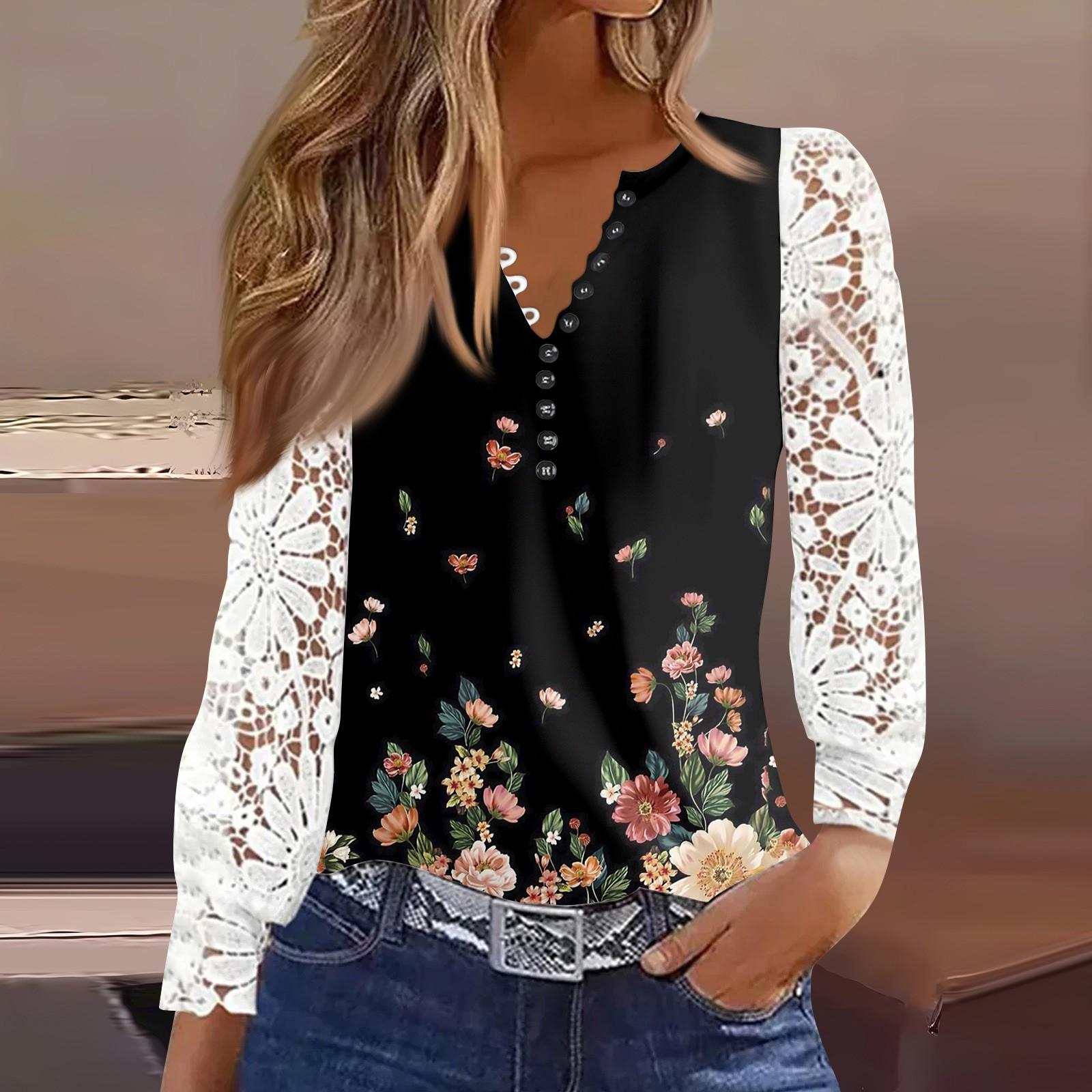 

Жіноча футболка, мереживна футболка з принтом і ґудзиками, щоденна мода на вихідні, звичайний топ із V-подібним вирізом і довгими рукавами XL