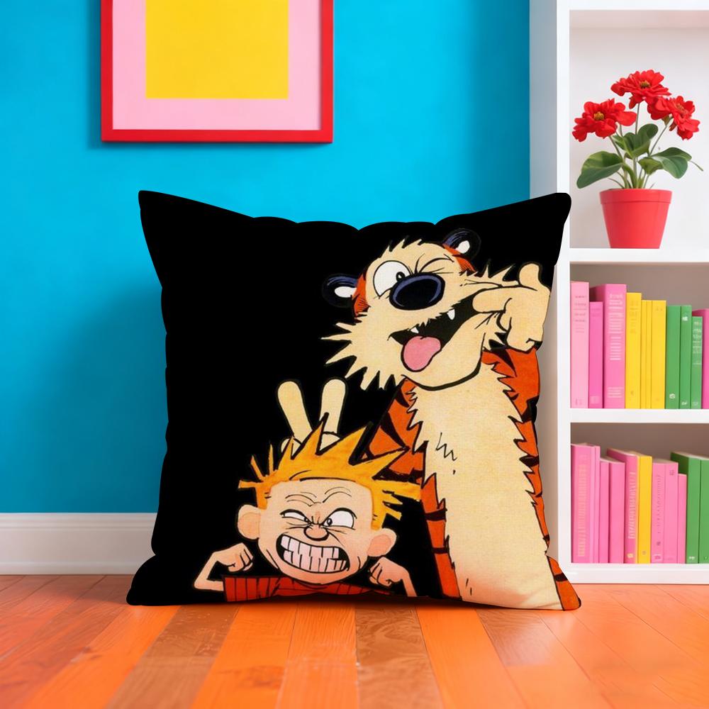 C-Calvin And H-Hobbes Cushion Cover Plush Fabric Soft Double-Sided Printed Sofa Warm Winter Home Gift Pillow Case