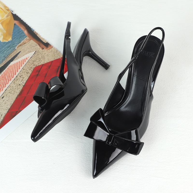 Fashion High Heels Ladies Office Modern Sandals Black Leather Slingbacks Charming Bow 2025 Wedding Evening Party Brand Women Shoes