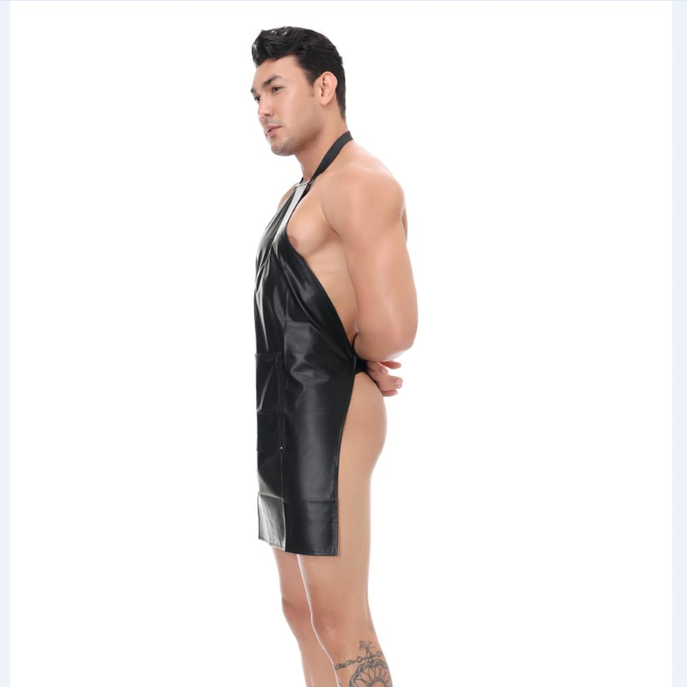 Sexy Patent Leather Butcher Apron Style Halter Sexy Lingerie for Men Open Crotch Novelty Light Club Costumes Male Lingerie