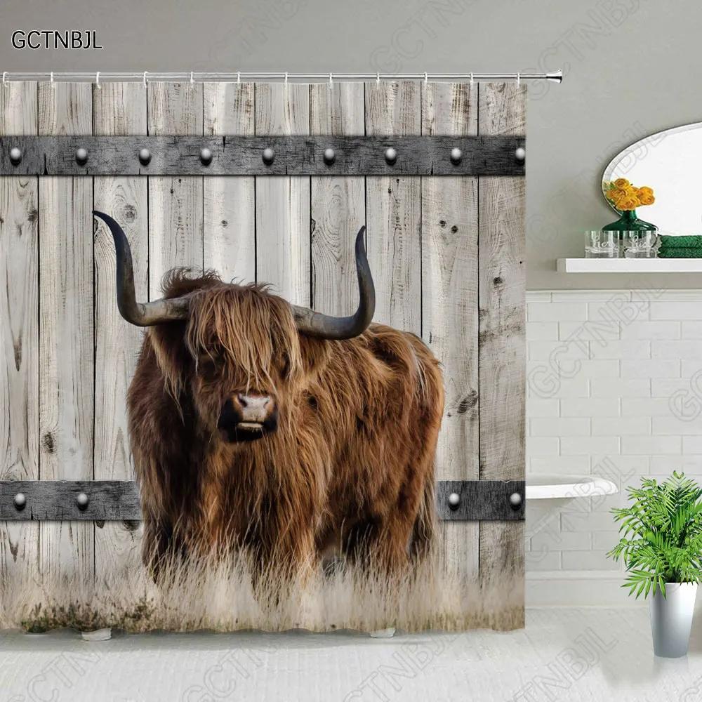 Funny Highland Bull Shower Curtains Set Western Bull Portrait Brown Wood Panel Rustic Landscape Barn Bath Curtain Bathroom Decor