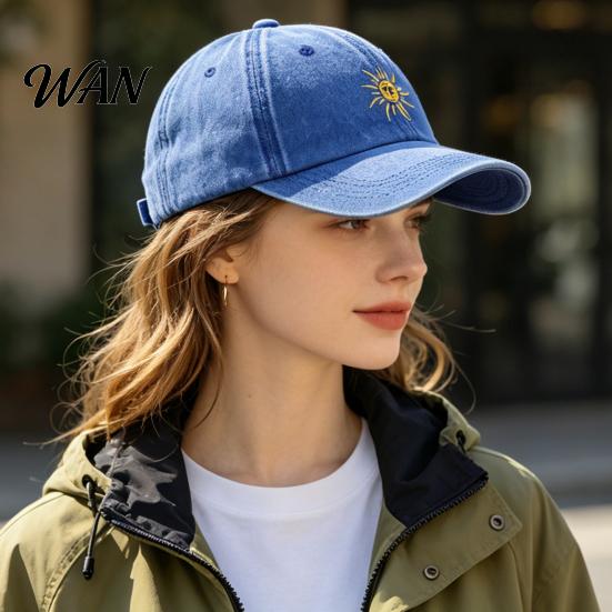 Breathable Baseball Hat Embroidery Sun Pattern Hat, Adjustable Back Buckle Retro Distressed Style Cap, Washed Cotton Fabric Outdoor Sunshade Cap Soft