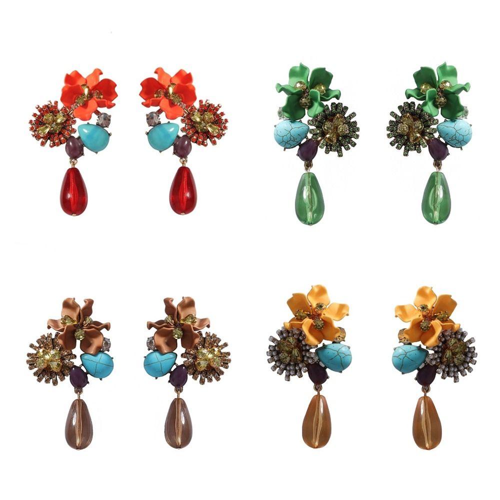 Water Droplet Pendant Pendant Earrings Retro Inlay Flower Earrings  Jewelry Gift
