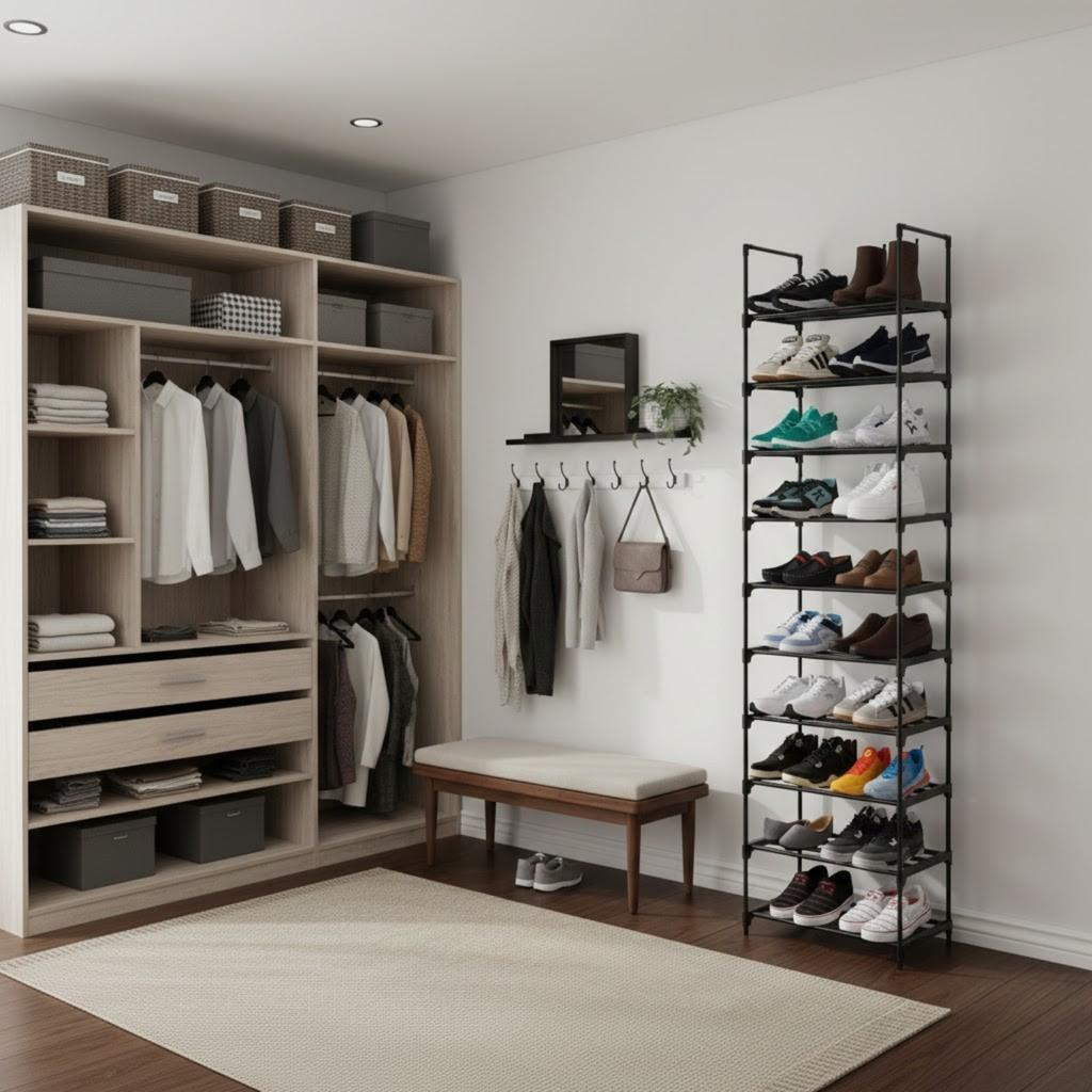 Slim Shoe Cabinet, Metal Shelf, Foldable Shoe Rack, Black Frame