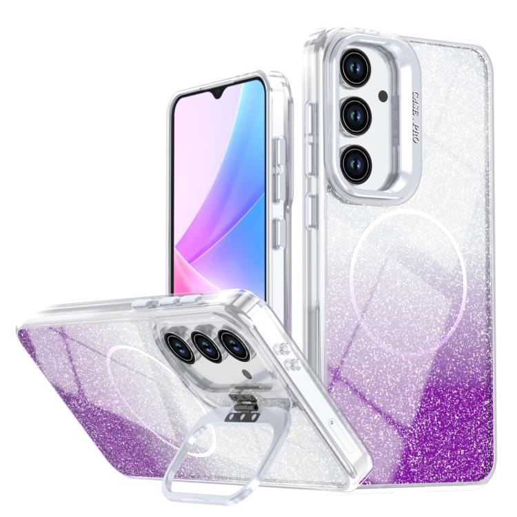 Glitter Gradient Magnetic Phone Case For Samsung Galaxy S25+ / S24+ 5G, Lens Frame Kickstand Wireless Charging Protective Cover