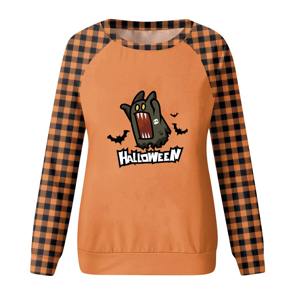 Women's Long Sleeve Crewneck Top with Halloween Print for Casual Fashion