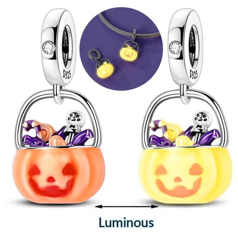 Halloween Series Charms Bead Copper Luminous Pumpkin Skull Witch Black Cat Fit Bangle Bracelet Necklace Diy Jewelry