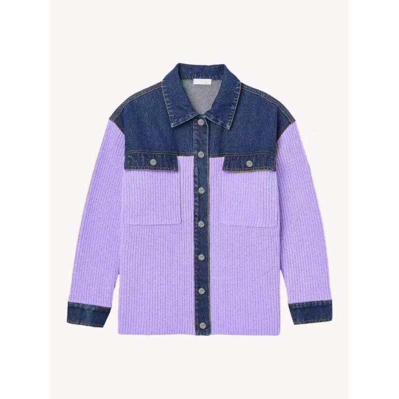 Autumn and winter new knitted cardigan women's retro contrasting denim splicing lapel sweater jacket women
