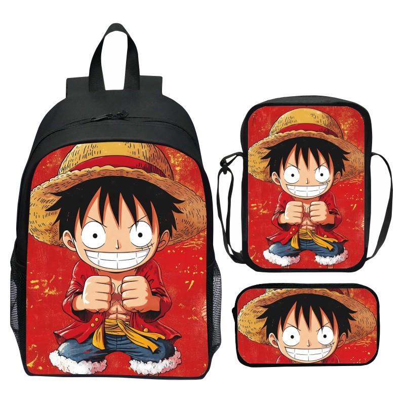 Set Zaino 3 Pezzi Stampato One Piece Cartone Animato Pirata Blu Marinaio Zaino Scuola Elementare Grande Capacità Resistente all'Acqua Zaino per Bambini