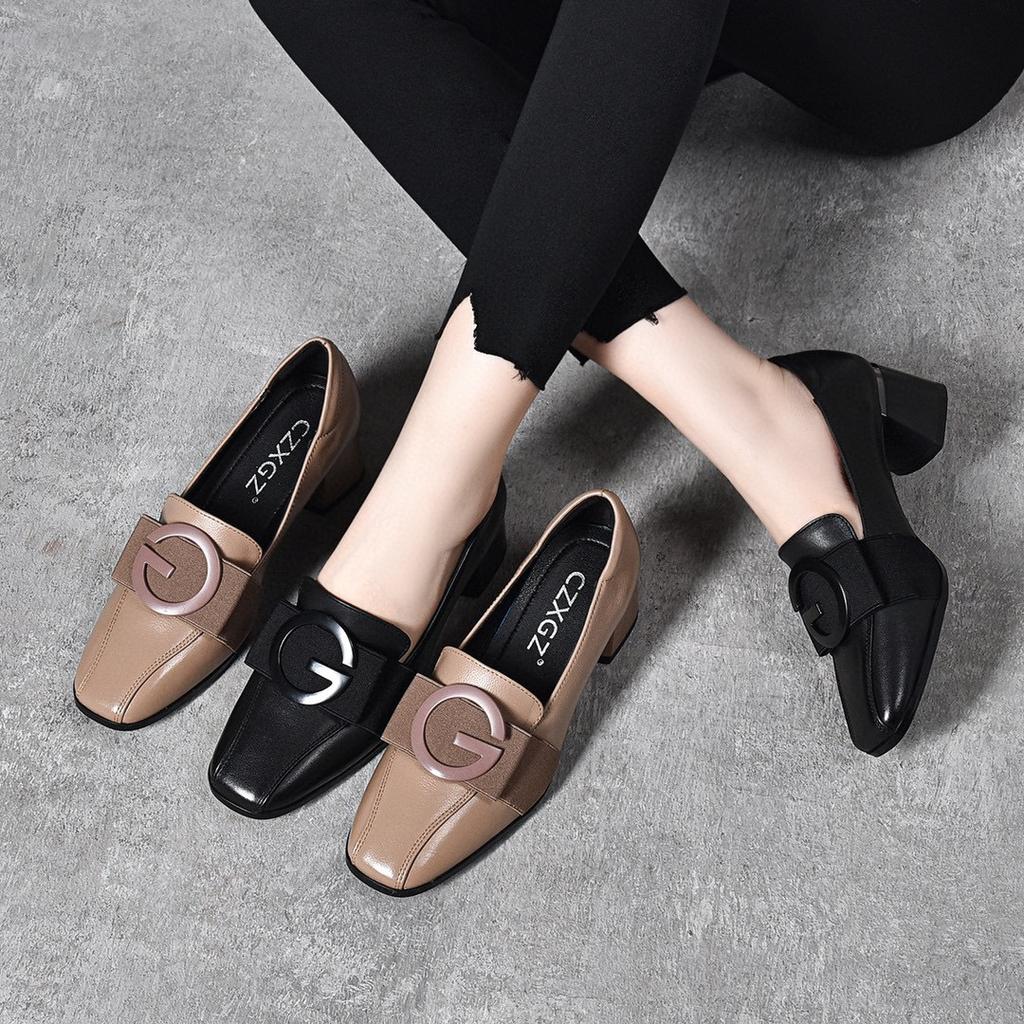 Spring New High Heels Square Head Thick Heel Middle Heel Work Shoes Square Buckle First Layer Cowhide Four Seasons Professional Single Shoes