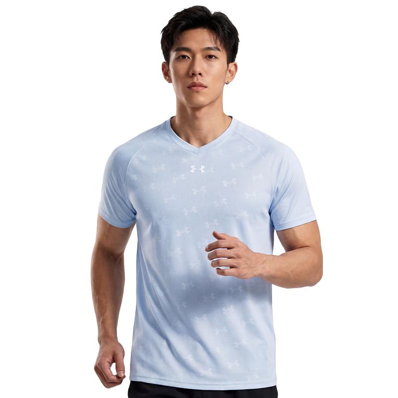 Under Armour V-Ausschnitt Lockerer Schnitt Colorblock Raglan Feuchtigkeitstransportierend Atmungsaktiv Schnelltrocknend Logo-Design Kurzarm T-Shirt Unisex T-Shirts 21500531-441