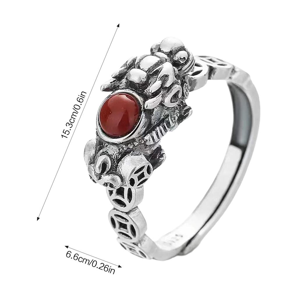 Vintage Thai Silver Ring With Red Agate Inlay Adjustable Open Cuff Traditional Coin Pattern For Women