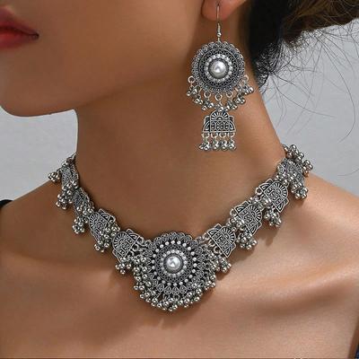 2025 Neues Retro Überzogenes Türkis Ohrringe Halsketten Set Damen Indischer Ethnischer Stil Perlen Vintage Geeignet für Hochzeit