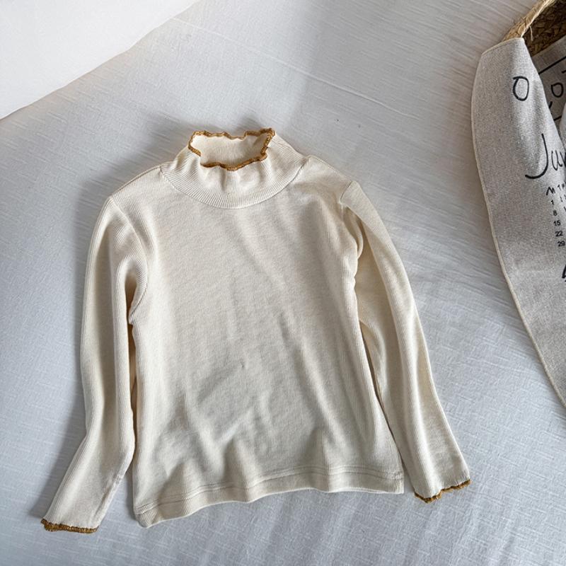 

Топы для девочек, повседневная детская однотонная футболка с длинным рукавом, детская корейская одежда, базовая рубашка с высоким воротом, осень 140 бежевый