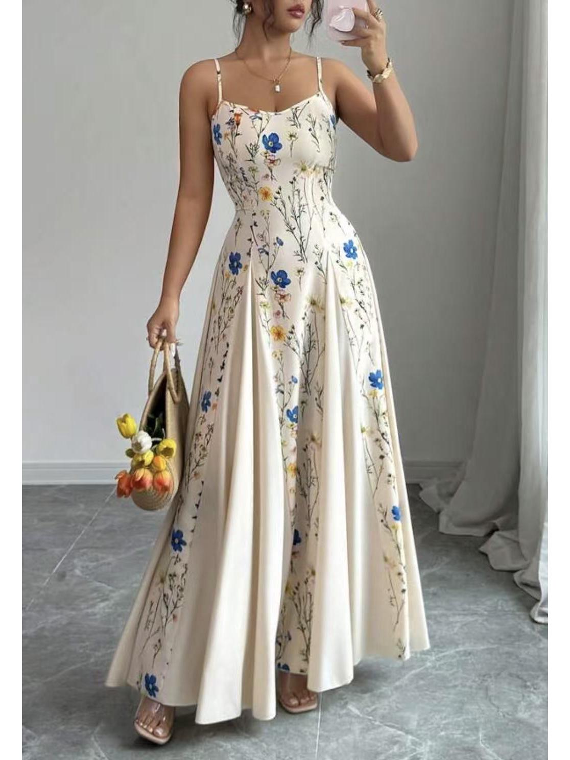 

2026 European & American Summer Fashion Spaghetti Strap Print Dress M абрикосовий