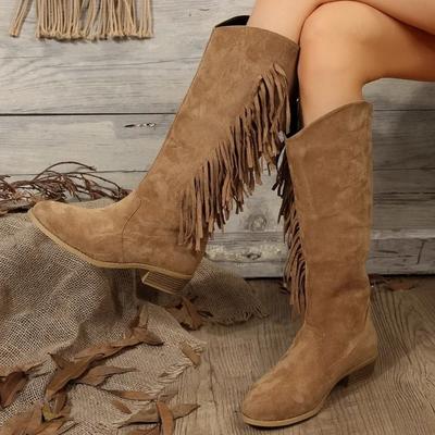 Women's Boots Paired with Tassel Women's Shoes 2024 New Mid Calf High Top Boots with Side Zippers Women's Pointed Low Heel Shoes