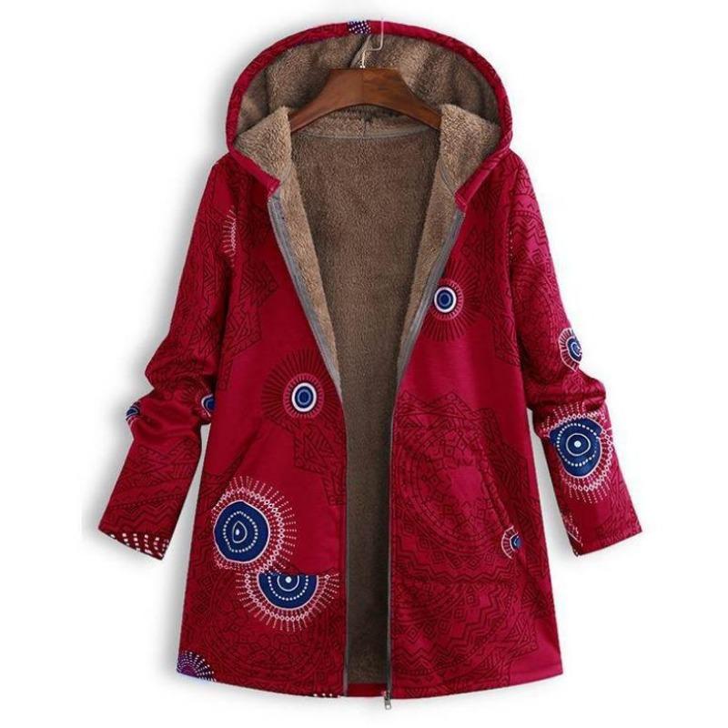 Damen Winterjacke mit Kapuze, warm, mit Reißverschluss, lange Ärmel, Fleece, Vintage-Stil, Mantel