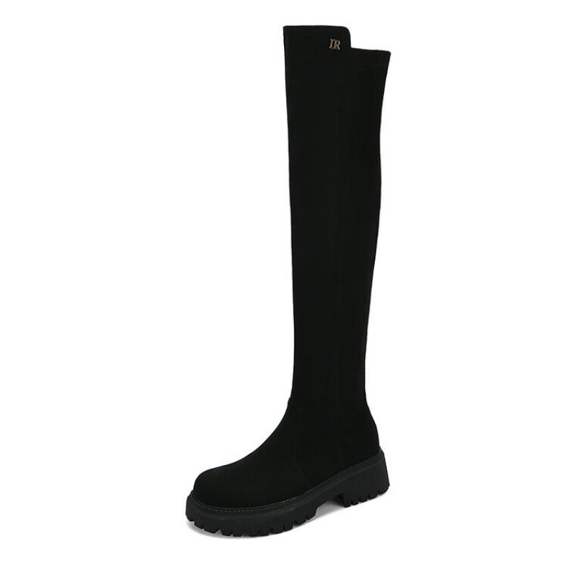 Neue europäische und amerikanische kniehohe Stiefel mit dicker Sohle und rutschfester Gummisohle für Damen in Übergröße, Herbst und Winter, runde Spitze, mittelhoher Absatz