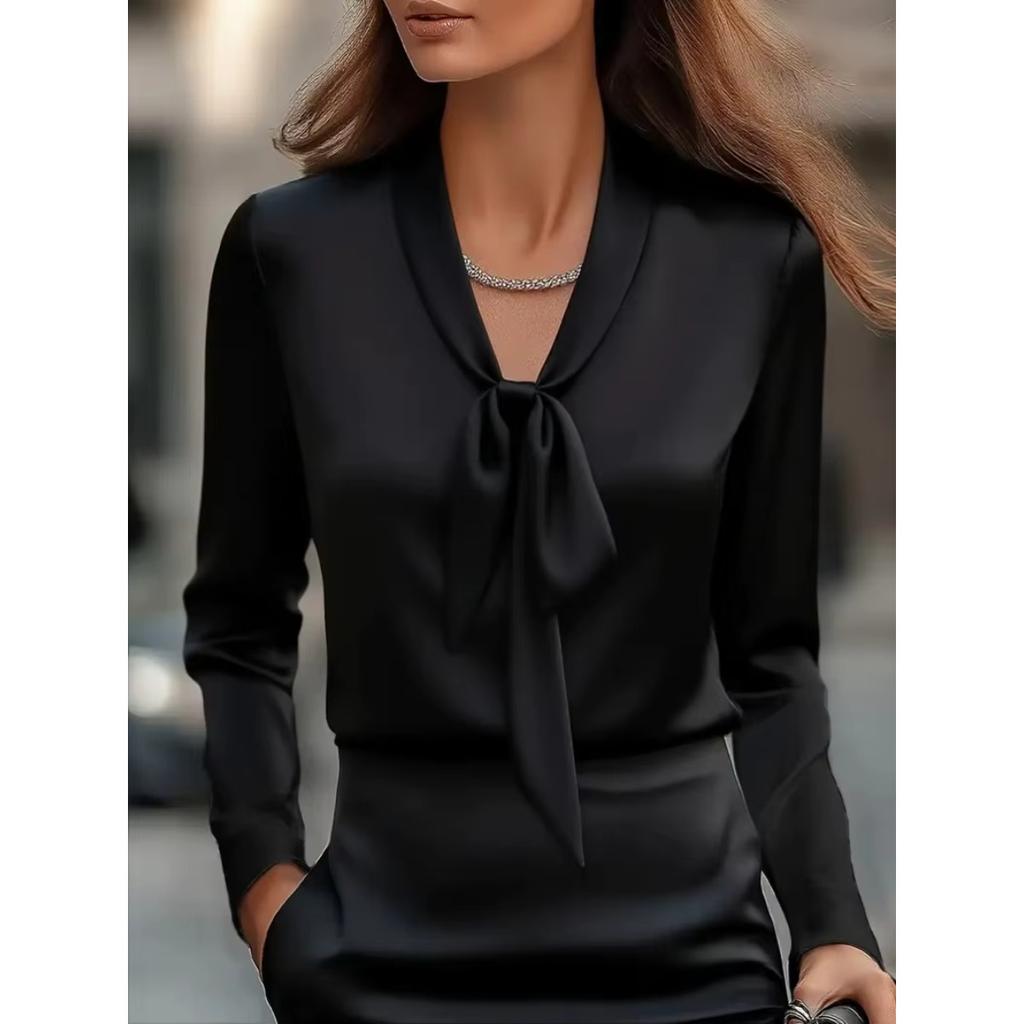 New Women's Satin Pullover Shirt Bow Tie Fashion Pink Top Office Elegant Long Sleeve White Blouses for Female