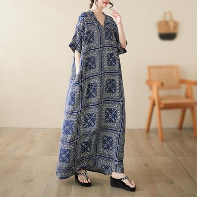 Short Sleeve Plus Size Cotton Vintage Dresses for Women Casual Loose Maxi Long Summer Beach Dress