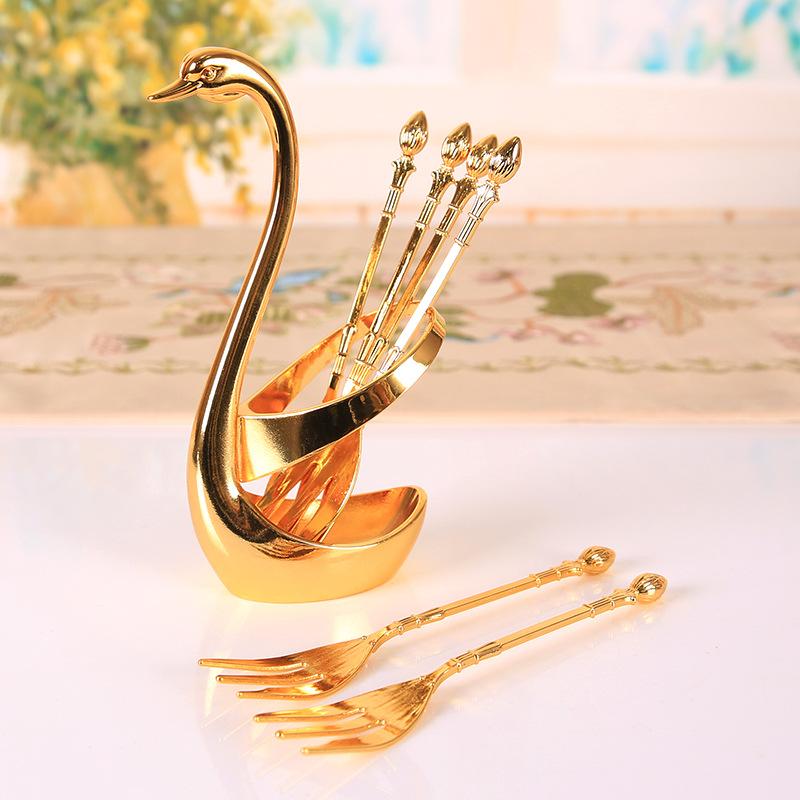 Decorative Dinnerware Set with Swan Base Holder Spoons and Forks for Coffee Fruit Dessert Stirring Mixing Ideal Gift Ideas