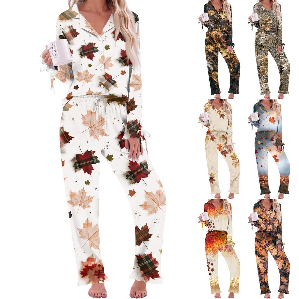 Women's Leaf Print Silky Long Sleeve Button Down Pajama Set Sleepwear Set