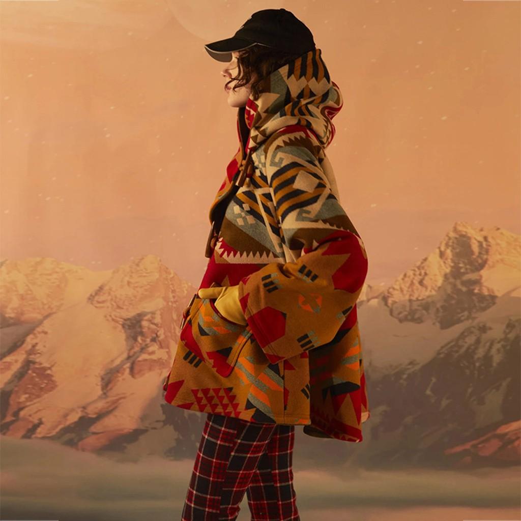 Women Casual Horn Buckle Retro Print Long Sleeve Hooded Jacket Pocket  Coats