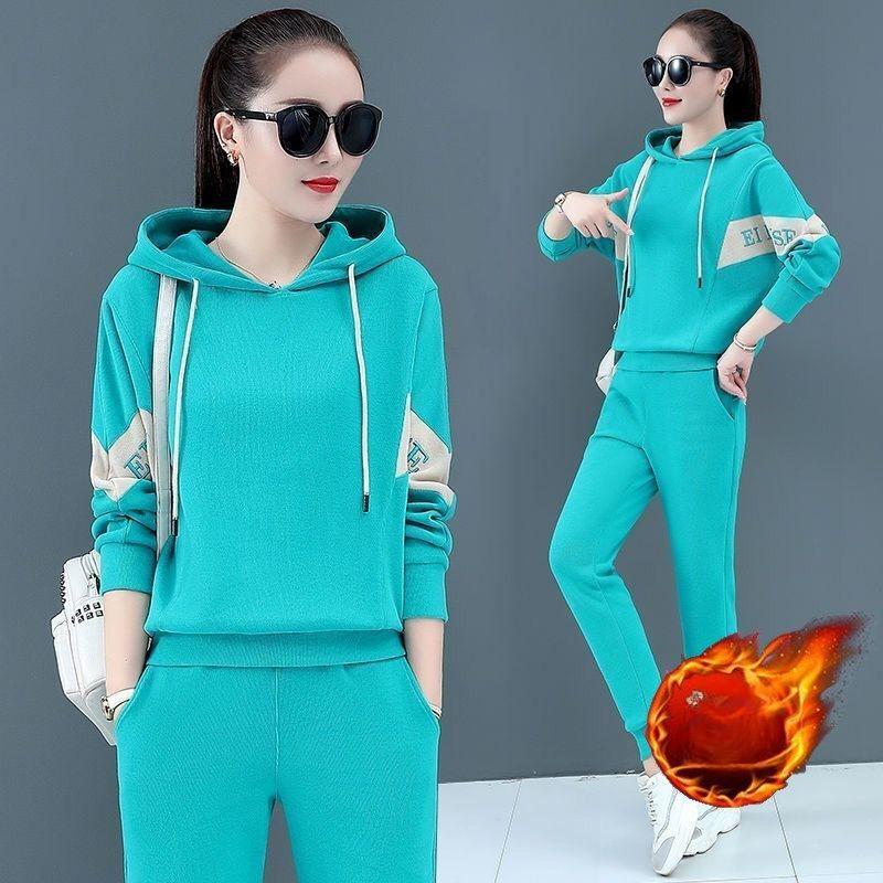 

Женский осенне-зимний модный повседневный костюм-двойка в стиле вестерн с капюшоном и свободным спортивным свитером больших размеров 3XL озеро зеленый