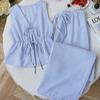 Women's Striped 2 Piece Outfits Tie Front Ruffle Tank Top And Wide Leg Pants Sets Summer Casual Sleeveless Lounge Sets
