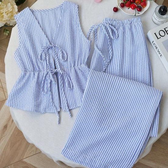 Women's Striped 2 Piece Outfits Tie Front Ruffle Tank Top And Wide Leg Pants Sets Summer Casual Sleeveless Lounge Sets