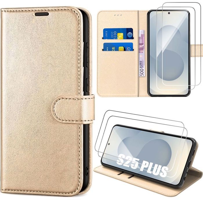 Coque de protection - BOOLING - pour Samsung Galaxy S25 Plus - Cuir PU Doré - 2 Verres Trempés - Antichoc