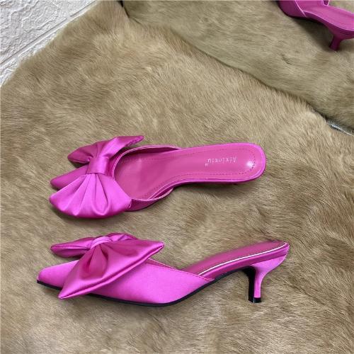 Fashion 2025 Viral Pointed Thin Heel Bow Knot Backless Slip-On Mule Slippers Women Block Heels Lazy Half Slides