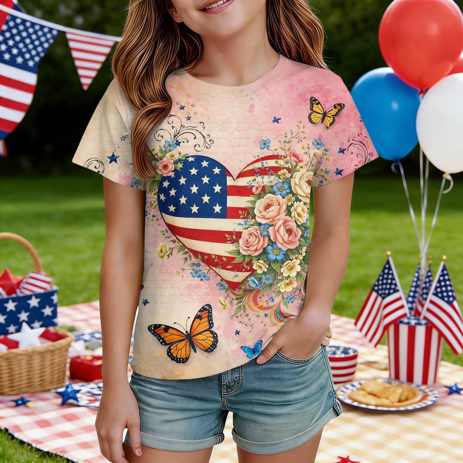 

Short Sleeve Crew Neck T Shirt with Floral Number Print Flag and Butterfly Graphic for Girls Casual Wear 150 рожевий