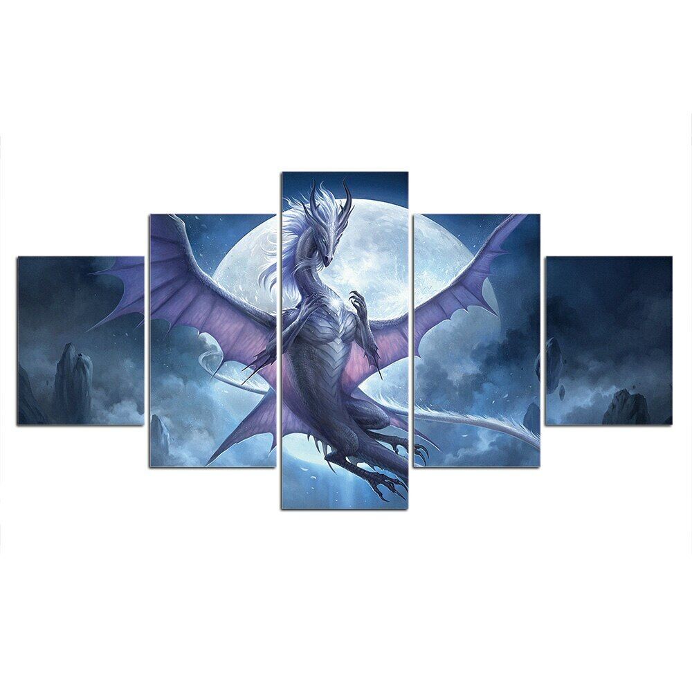 5Pcs Flying Purple Dragon Moon Decor Canvas Wall Art HD Print Paintings Home Decor Abstract Modern 5 Pieces No Framed Room Decor
