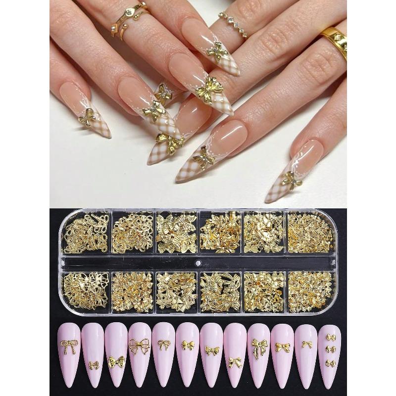 12 Grids Gold Ribbon Bow Knot Metal Cute Nail Decoration Nail Charms Bow Design Mixed Styles Nail Jewelry Accessories Nail Art Supplies