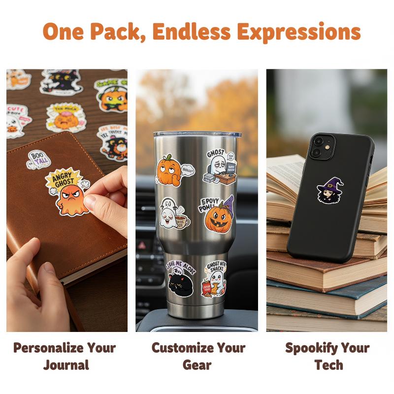 50 ks Roztomilé Halloweenové Kreslené Samolepky Duch Dýně Černá Kočka Vtipné Voděodolné Vinylové Samolepky Na Deník Notebook Pouzdro na Telefon Dárek